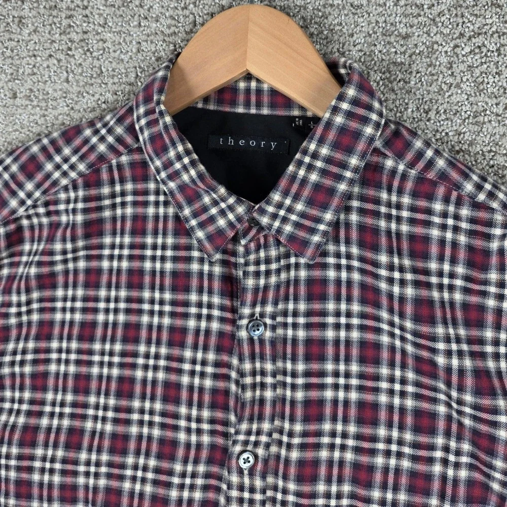 Theory‎ Zack PS Plaid Flannel Button Down Shirt Mens Large Red Blue